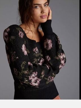 Anthropologie Black Sweater with Pink Floral Knit